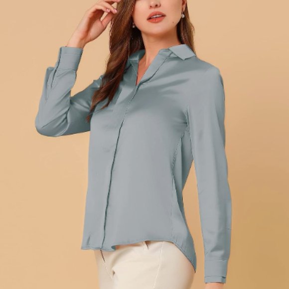 2 for $30! Offers open! Small Allegra K Women's Satin Blouse blue office blouse - Picture 2 of 3